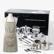 27 Piece Complete Stainless Steel Cookware Set with Handcrafted Apron