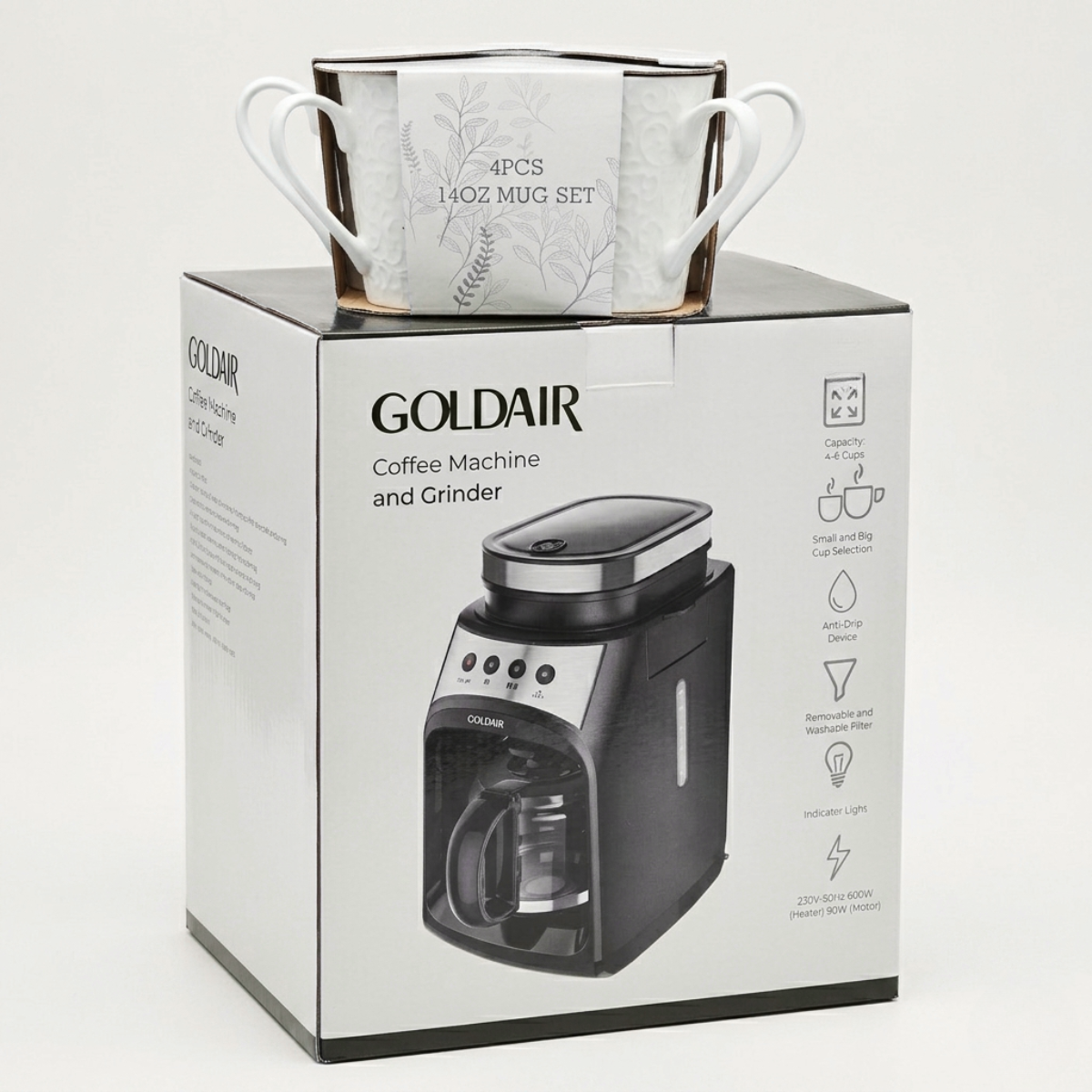 Goldair Digital Grind & Brew Coffee Maker Bundle — Includes 4-Piece Embossed Mug Set