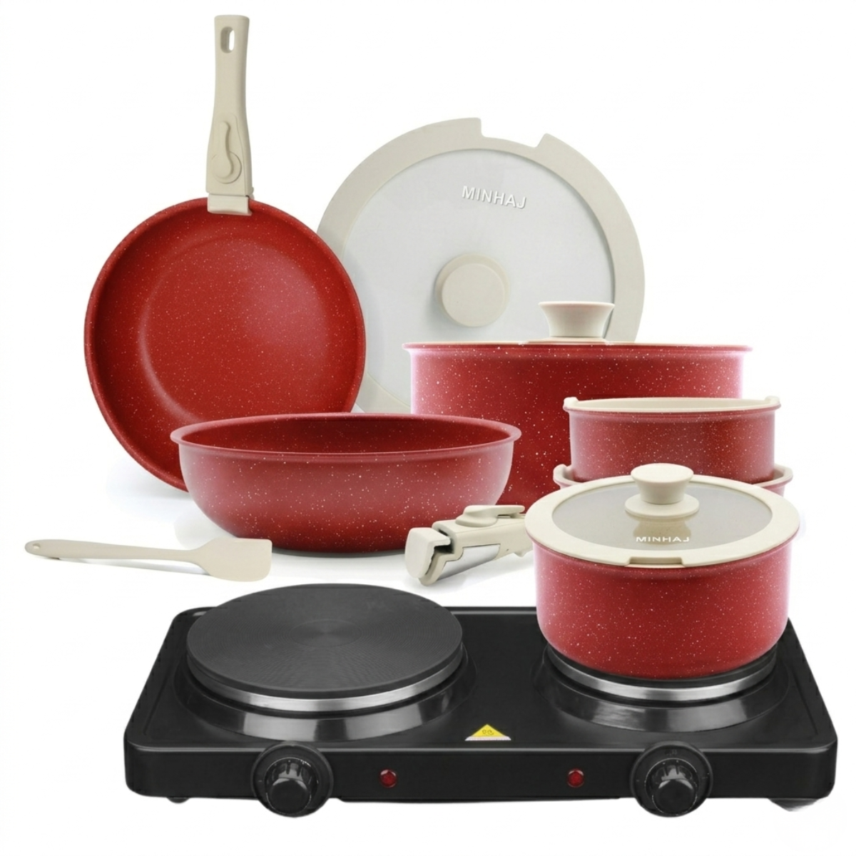 Minhaj 12-Piece Non-Stick Cookware & Good Mama Double Electric Stove Bundle