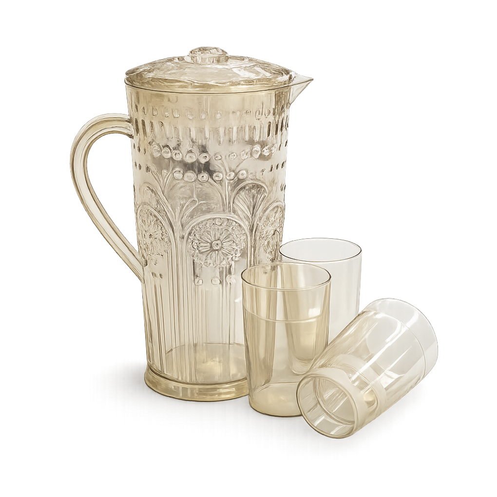 Embossed Plastic Beverage Pitcher Set with 4 Cups — 5 Piece