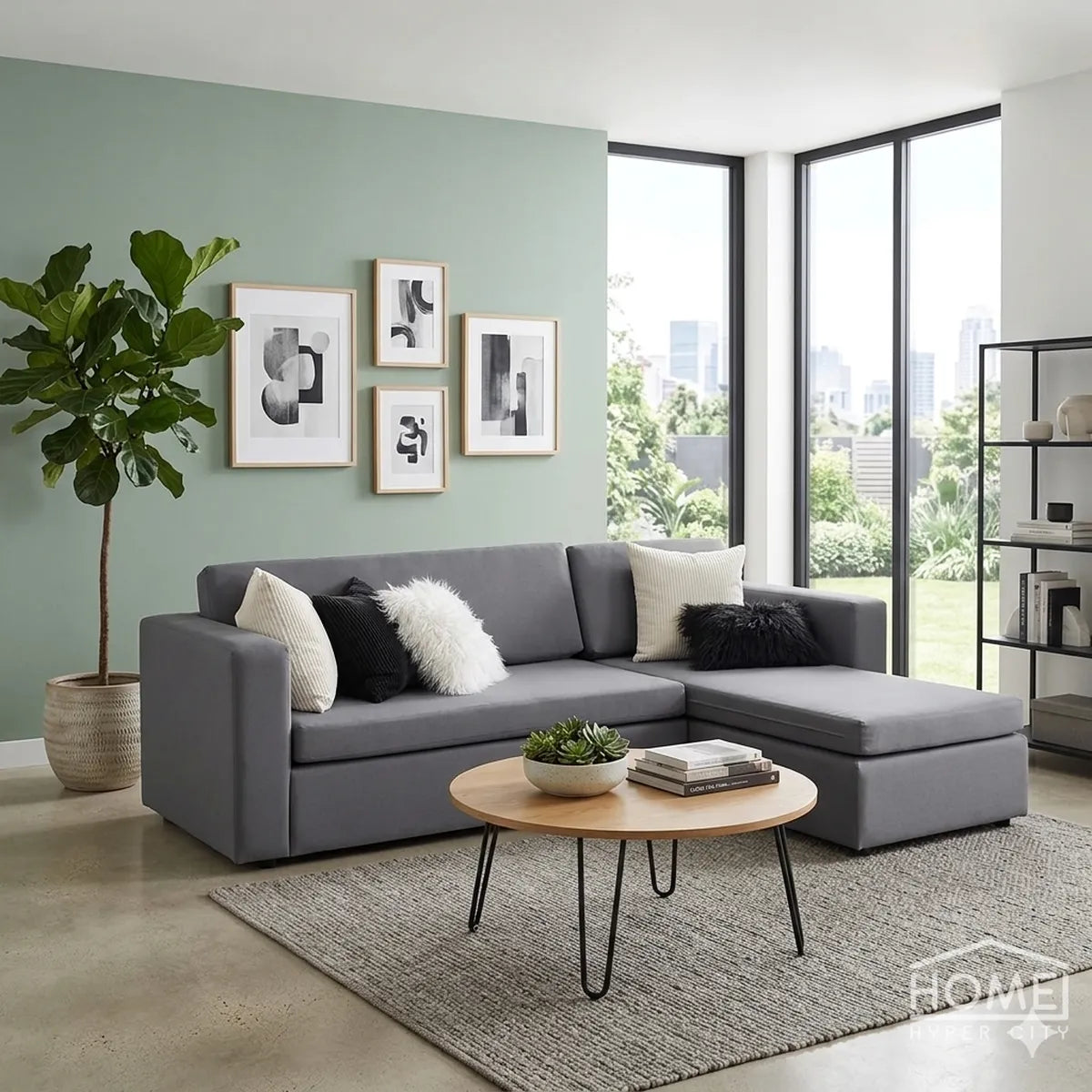 Modern L-Shape Lounge Suite — Includes 5 Scatter Cushions — Grey