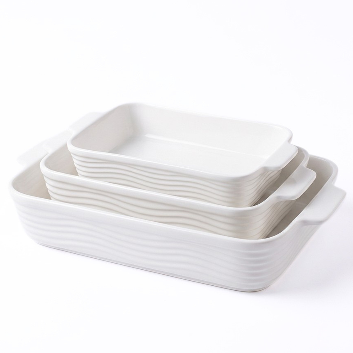 3pc Wavy Ceramic Rectangular Baking Dish Set — White