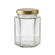 Hexagonal Glass Honey Jar with Gold Tin Lid — 200ml