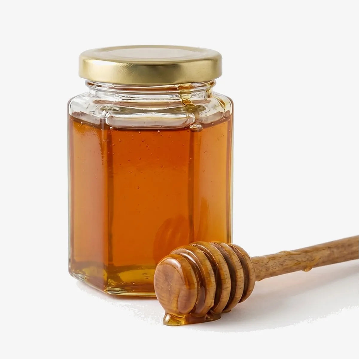 Hexagonal Glass Honey Jar with Gold Tin Lid — 200ml
