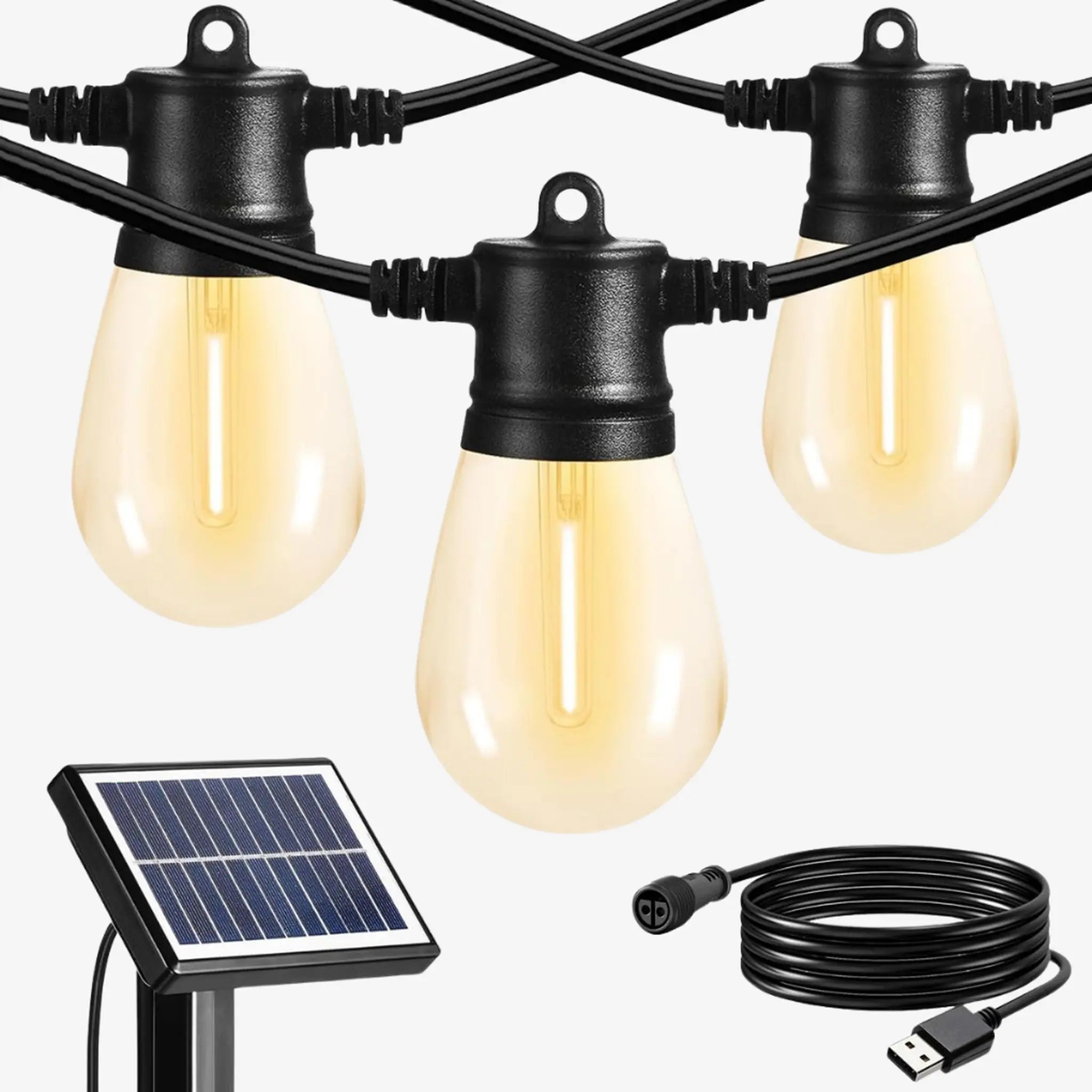 Solar LED Outdoor String Lights with USB Backup — Warm White — 7.5m