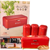 Tin Bread Box with 3 Canisters - Red