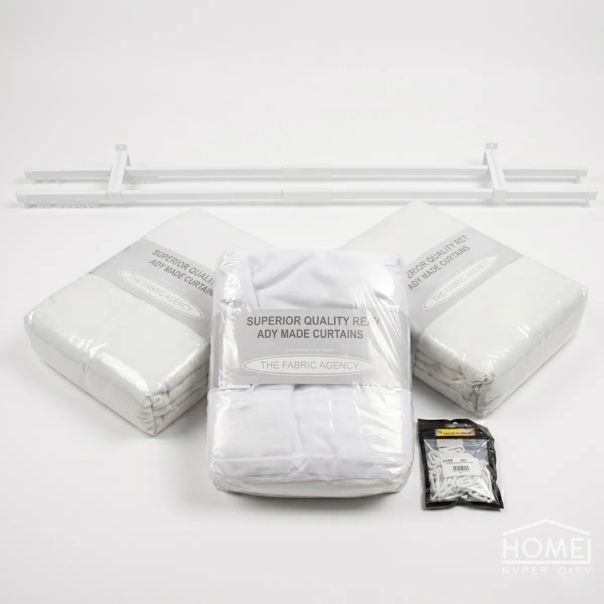 Complete Double Rail Curtain Bundle — Self-Lined Curtains 230 x 218cm — 5m Voile & Rail