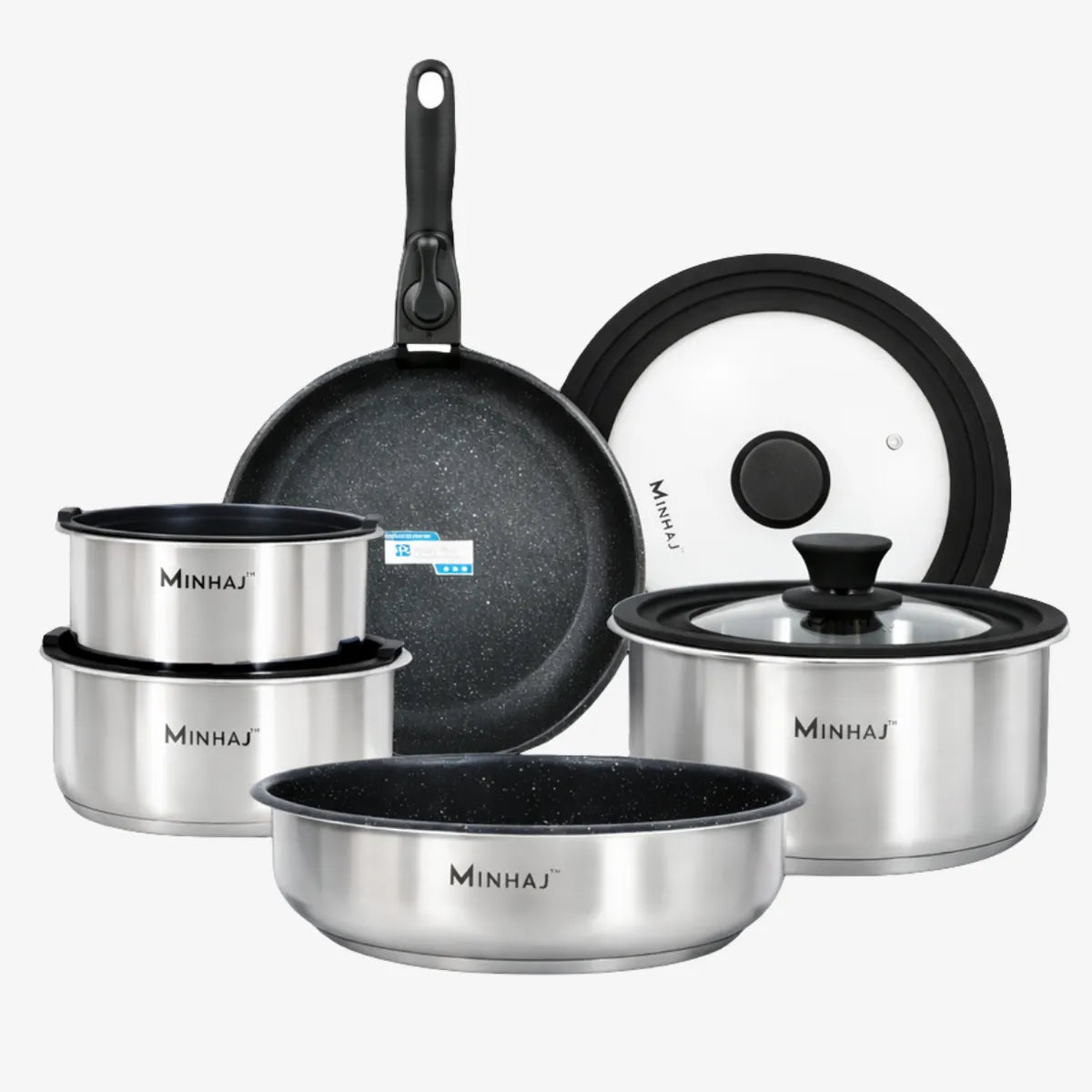 Minhaj 11-Piece Space-Saving Stainless Steel Cookware Set with Detachable Handle