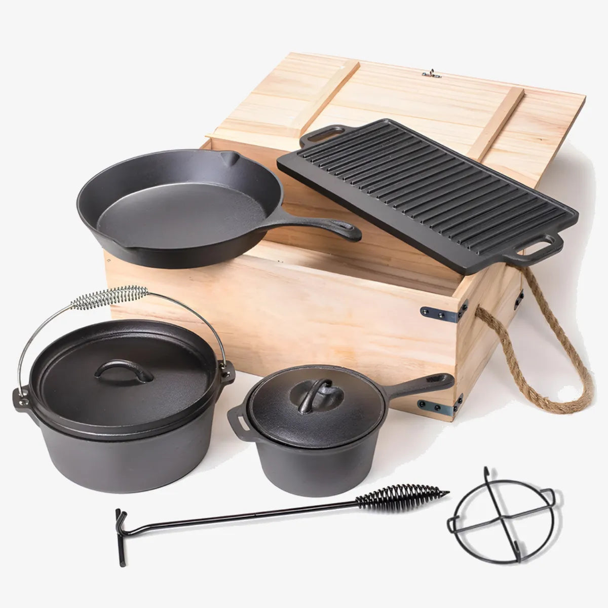 Minhaj 7-Piece Camping Cast Iron Cookware Set with Wooden Storage Box