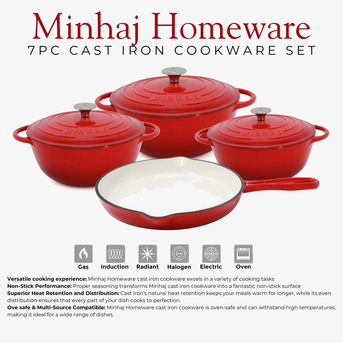 Minhaj 7-Piece Cast Iron Enamel Pot Set