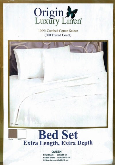 Origin Luxury Linen - 300 Thread Count, 100% Combed Cotton Percale Bed Set - Various Sizes & Colours